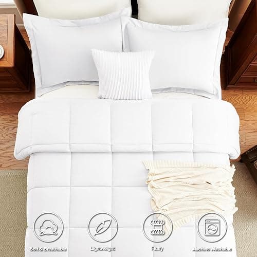 CozyLux Queen Size Comforter Sets White - 3 Pieces Box Stitched Queen Bed Set for All Seasons, Soft Lightweight Bedding Sets with 1 Down Alternative Comforter and 2 Pillow Shams thumbnail 4