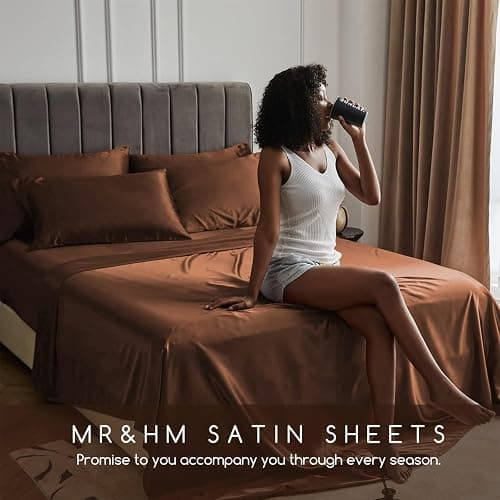 MR&HM Satin Bed Sheets, Full Size Sheets Set, 4 Pcs Silky Bedding Set with 15 Inches Deep Pocket for Mattress (Full, Brown) thumbnail 7