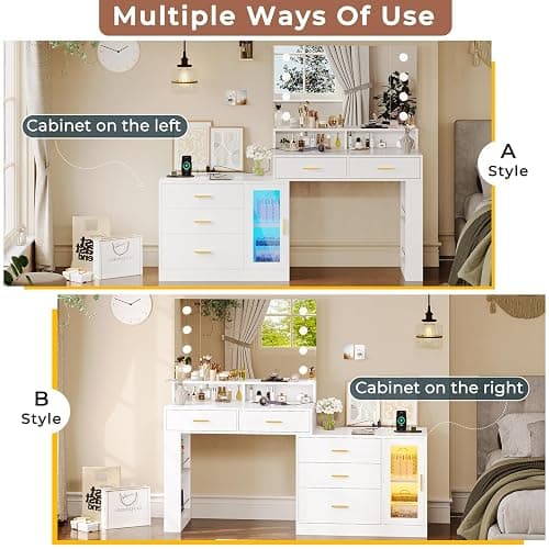 VIAGDO Makeup Vanity Desk with 3-Colors Lighted Mirror, White Vanity Table with Charging Station, 5 Drawers Makeup Desk Dressing Table with Storage Shelves for Bedroom Dressing Room thumbnail 4