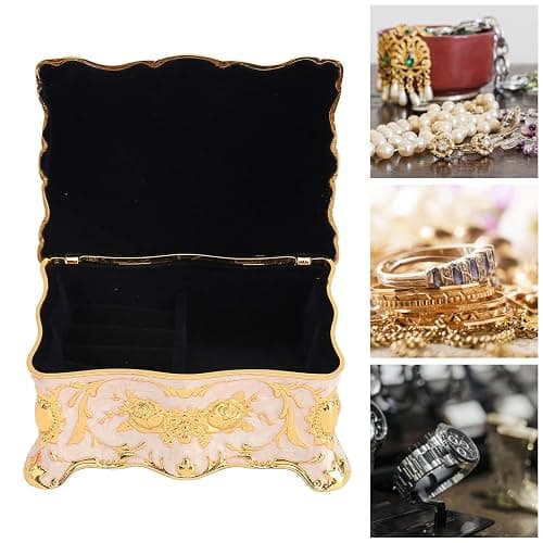 Vintage Metal Jewelry Box Small Trinket Jewelry Storage Box, Vintage Rectangle Trinket Jewelry Box Treasure Chest Box Jewelry Decorative Box Women Girls (Gold White) thumbnail 3