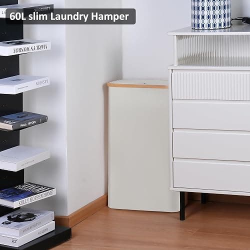 Merkisa Slim Laundry Hamper,Narrow laundry Hamper with Lid,60L Hamper for Laundry,Dirty Cloth Hamper with Bamboo Handle for Toys,Towels, Clothes Organizing,Beige thumbnail 5