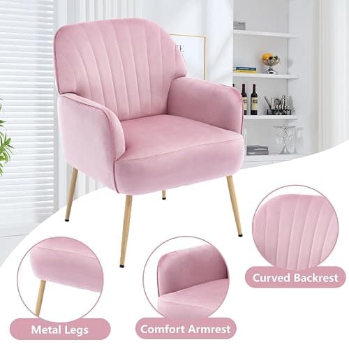 E-Motie Velvet Accent Chair, Modern Upholstered Single Sofa Side Living Room Chair, Comfy Barrel Reading Armchair with Metal Legs for Bedroom, Waiting Room, Office and Cafe, Pink thumbnail 7