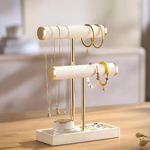 Josmimic Schmuck Organizer mit 2 Ebenen - Beige Schmuckständer Armbänder, Abnehmbarer T-Steg Schmuck Ständer, Samt-Armbandhalter, Schmuckhalter für Armband, Halskette, Uhren, Ringe thumbnail 6