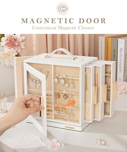 Homde Christmas Gifts Jewelry Box 360° Rotating, Necklace Earring Organizer with Transparent Window, Mirror, 7 Drawers, Large Ring Display Storage Case for Girls Women (White) thumbnail 7