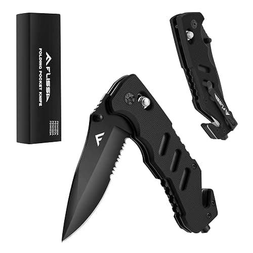 FLISSA Folding Pocket Knife with Clip, Glass Breaker and Seatbelt Cutter, Survival Knife for Emergency Rescue Situations, EDC Knife for Tactical, Hunting, Camping, Outdoor, Unique Gifts for Dad, Father-Black - Image 1