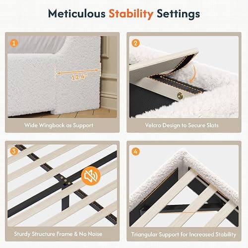 DICTAC California King Boucle Bed Frame with Headboard, Upholstered Platform Bed with Wood Slats, Soft Cloud Bed with Solid Wood Legs, No Box Spring Required, Easy Assembly, Cream thumbnail 7