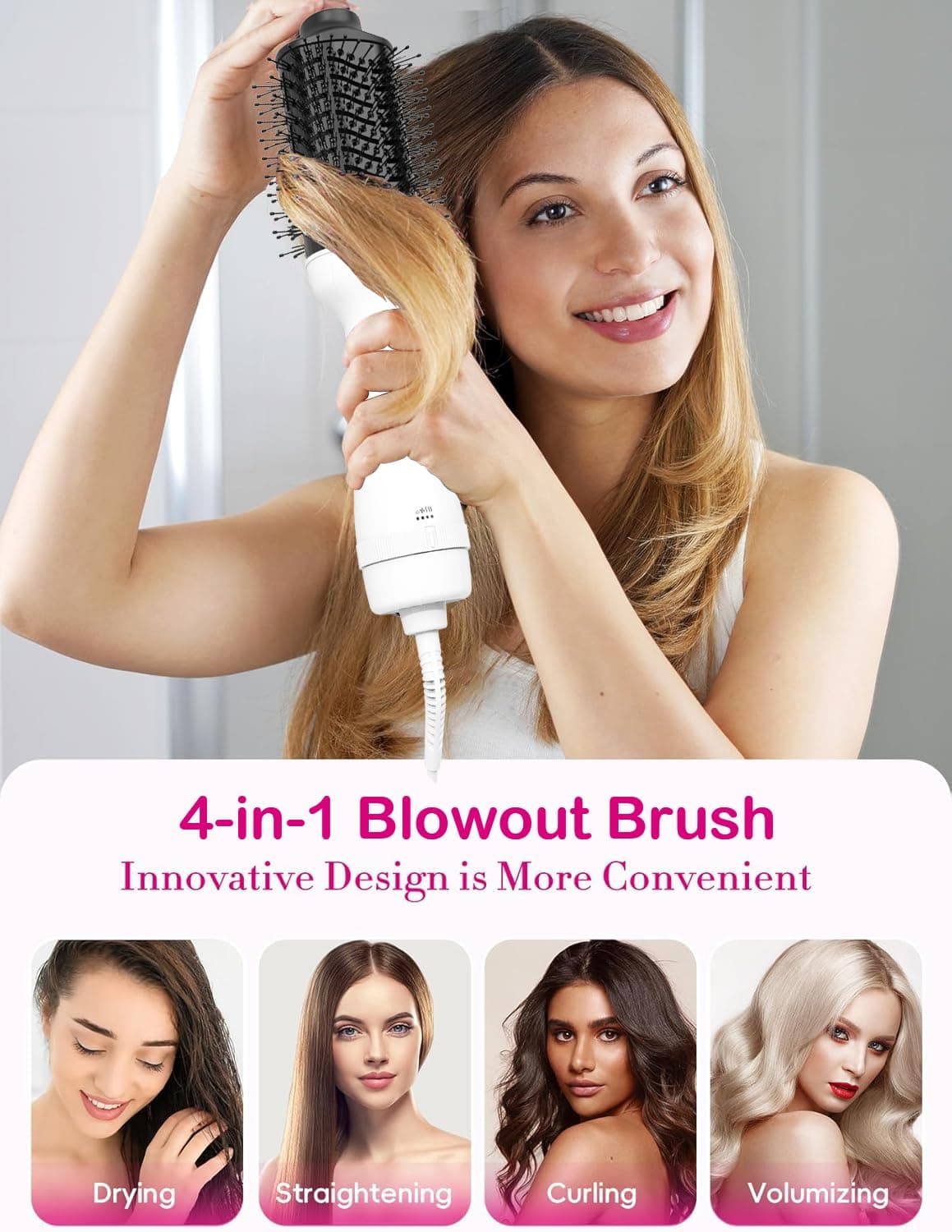 AU Plug Blowout Brush, 1200W One Step Hair Dryer & Hair Brush & 75mm Oval Shape Hair Styler & Volumizer 4-in-1 Hot Air Brush Negative Ion Blow Dry Brush for Smooth Frizz-Free Results for All Types (White) thumbnail 2