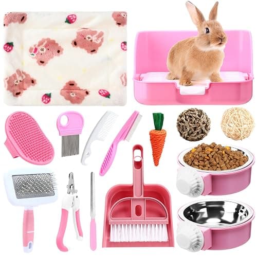 Reallnaive 15 Pcs Rabbit Starter Kit Small Rabbit Litter Box Girls Gift Animal Grooming Kit Bunny Toys Bowl Blankets with Cleaning Set for Guinea Pig Accessories(Pink) - Image 1
