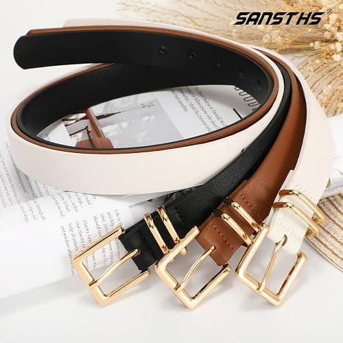 SANSTHS 3 PACK Women Leather Belts for Jeans Pants Dresses Fashion Ladies Waist Belt with Gold Square Buckle thumbnail 2