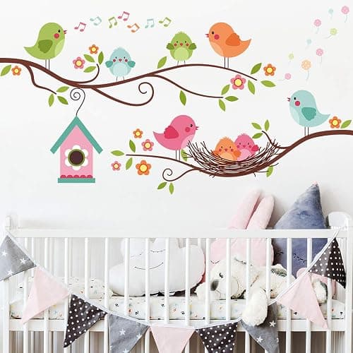Robin Bird and Tree Branch Wall Stickers, Colorful Cute Cartoon Lovely Birds Singing On The Branch with Flowers Wall Decal, DILIBRA Removable DIY Mural Decorations for Living Room Bedroom Baby Room thumbnail 3