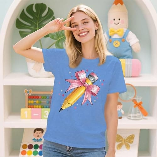 IFQ Teacher Shirts for Women Cute Bow Pencil Teacher T-Shirt Back to School Teaching Life Tee thumbnail 4