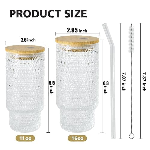 Icesip 4 Pcs 16 oz Glasses Cups Set with Bamboo Lids Straws Brush Hobnail Glassware Set for Juice Iced Coffee Beer and Cocktail Whiskey thumbnail 3