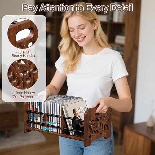 QILICHZ CD Holder,DVD Holder Storage,Wood CD Rack Organizer,DVD Rack,Cassette Tape Storage with Dividers for CDs, DVDS, Tapes,Video Game Cases, Tape Display Stand, Hold 35Pcs thumbnail 5