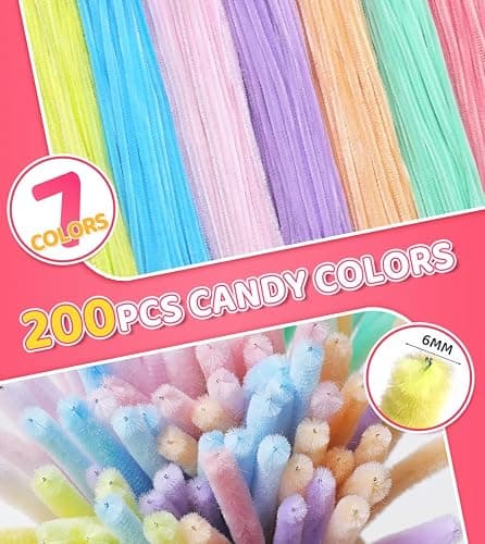 IOOLEEM Pipe Cleaners,200pcs in 7 Colors, Pastel Pipe Cleaners, Macaron Candy Colors, Chenille Stems for Art and Craft Projects, Flower DIY Decorations thumbnail 2