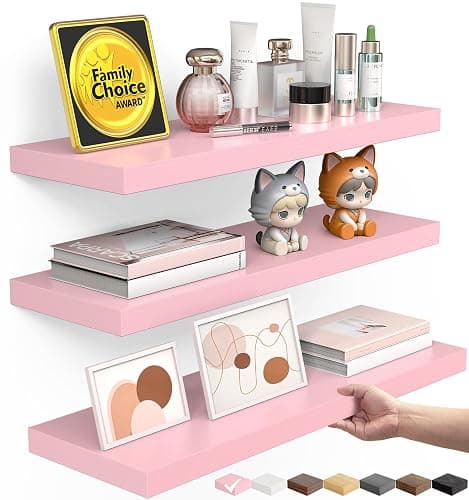 BAYKA Pink Floating Shelves for Wall – 15.7in Wood Wall Shelves for Bathroom, Bedroom, Living Room Decor Organize – Hanging Shelf for Books/Storage/Display with 22lbs Capacity(Set of 3) - Image 1