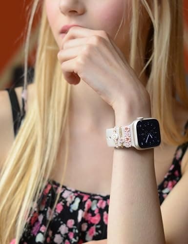 Heesch Stretchy Beaded Watch Band Charms Compitable with Apple Watch 38/40/41/42/44/45/49mm, Cute Beads Decorative Rings Loops Watch Assceeories for iWatch Series 8/7/6/5/4/3/2/1 (Band Not Included) - Pink thumbnail 4