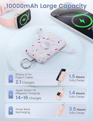 RORRY CharmGo Portable Charger, 10000mAh 20W Fast Charging Power Bank | Built-in Cables, Travel Keychain Battery Pack Essentials for Apple Watch 1~12 Series/Ultra/SE & iPhone 18 Pro Max/17/16/15 thumbnail 5
