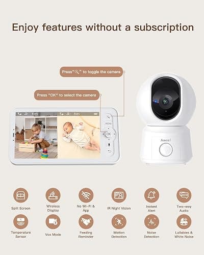 ARENTI WiFi Baby Camera Monitor B2 Kit 2026 Upgraded, 5-inch Wireless Display, Smartphone App, Encrypted Connection, Lullaby, Super Night Vision, Auto Tracking, Temp Sensor, Support Local Storage thumbnail 8