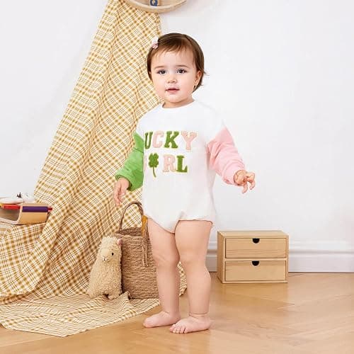 FOCUSNORM St. Patrick's Day Baby Girl Outfit Long Sleeve Ireland Festival Romper jumpsuit Four Leaf Clover Onesie Clothes thumbnail 4