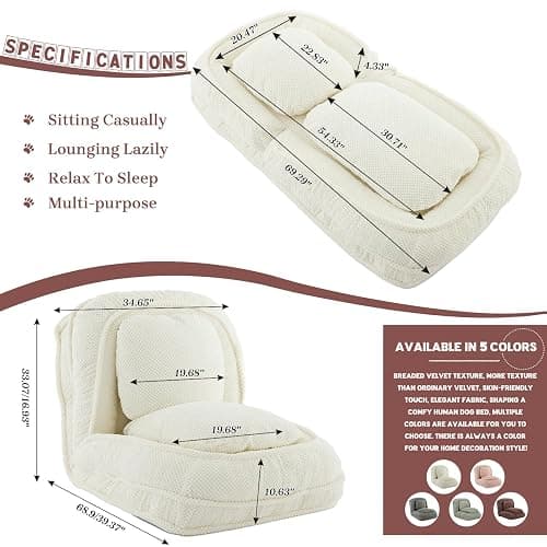 Upholstered Human Dog Bed for Adult & Pets, Convertible Lazy Sofa Bed with 5 Adjustable Position, Comfy Tatami Bean Bag Lounge Chair with 2 Soft Pillows for Bedroom Living Room Office (Beige) thumbnail 7