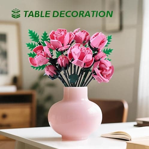 Pink Rose Flower Building Set-10pcs Roses & 2pcs Leaves Botanical Collection, Artificial Flowers for Home Décor, Rose Bouquet Building Kit for Valentine’s Day Christmas Birthday Anniversary (No Vase) thumbnail 7
