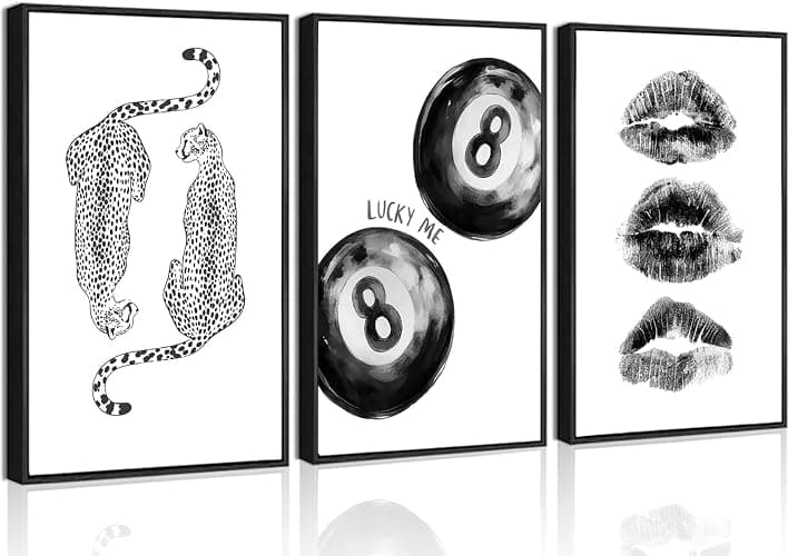 3Pcs Unframed Black White Funky Cheetah Wall Art Trendy Lucky 8 Ball Kiss Lips Painting Retro Y2K Aesthetic Canvas Poster Prints for Girls Bedroom Apartment Dorm Decorations(12x16in Poster) - Image 1