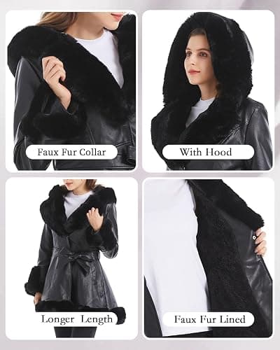 GRAN ORIENTE Women's Faux Leather Jacket with Faux Fur Collar, Winter Long Sleeve Furry Trim Peplum Parka Coat with Belt thumbnail 4