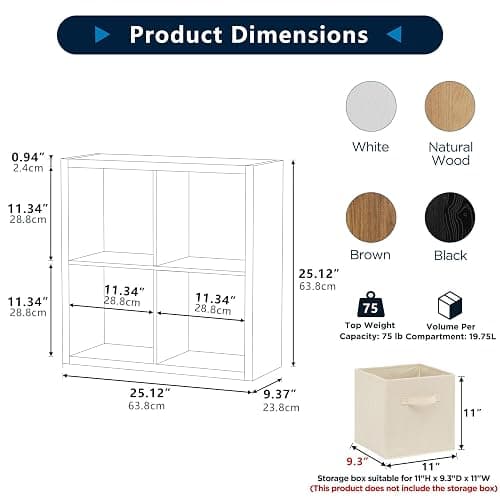 4 Cube Storage Organizer, 2x2 Cube Bookshelf, Cubby Storage Shelf, Wooden Organizer Shelf with Thickened Boards, for Closet Bedroom Home Office Living Room, 25.12" L x 9.37" W x 25.12" H, White thumbnail 3