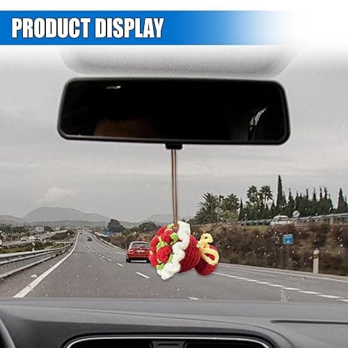 Handmade Flower Car Rear View Mirror Accessory, Crochet Rose Car Mirror Pendant Charm, Auto Hanging Ornament, Vehicle Interior Decoration for Women Present (Red) thumbnail 5
