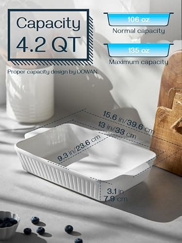 DOWAN Casserole Dish, 9x13 Ceramic Baking Dish, Large Lasagna Pan Deep for Oven, 4.2 Quarts Baking Pan with Handles, Oven Safe and Durable Bakeware for Lasagna, Home Decor, Wedding Gift, Soft White thumbnail 3