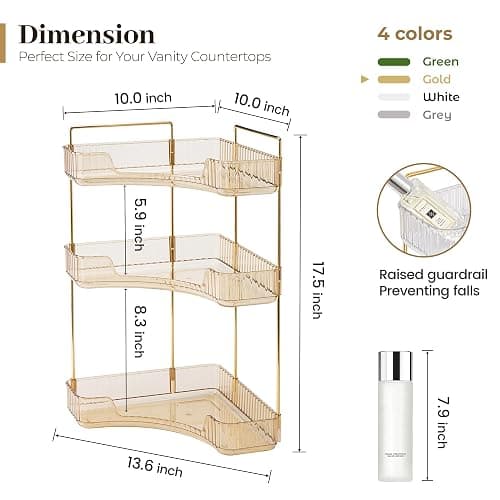 Aveniee Corner Bathroom Counter Organizer, Bathroom Countertop Shelf Makeup Organizer for Vanity Perfume Tray for Corner Storage (3 Tiers, Gold) thumbnail 2
