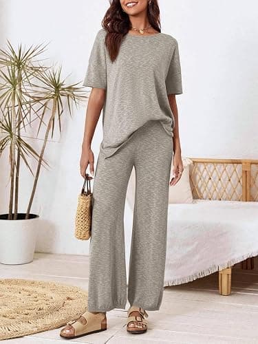 Tankaneo Women's 2 Piece Travel Outfits Casual Short Sleeve Knit Sweater Set Wide Leg Pants Lounge Sets Tracksuit thumbnail 6