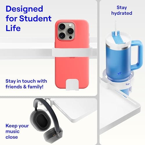 BedShelfie Bedside Shelf for Dorm Room Bunk Bed & Top Bunk, College Dorm Room Essentials, Bedside Caddy, Clip on Floating Tray, Bed Side Table Storage, Loft Nightstand Decor - Dorm Essential, White thumbnail 4