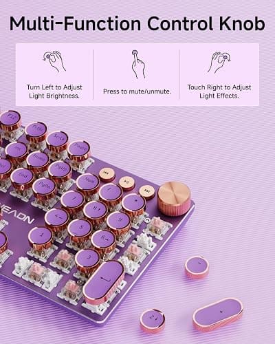 EWEADN Wired Typewriter Mechanical Keyboard, Low Noise Pink Switch Retro Punk Keyboard with Media Knob, White Backlit, Metal Panel, 104-Key Round Keycaps Cute Keyboard for Windows PC -Purple thumbnail 3