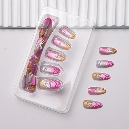 Cat Eye Fake Nails Almond Medium Press on Nails Pink Ombre False Nails Press ons 3D Spring Flowers Acrylic Nails Glossy Gradient Gel Artificial Nail with Designs Jelly for Women Girls Manicure 30Pcs thumbnail 2