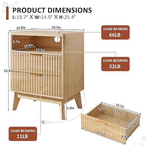 Fluted Nightstand with Charging Station, 19.7 inch Wide End Table with 2 Drawers, Modern Wood Bedside Table for Bedroom(Natural) thumbnail 2