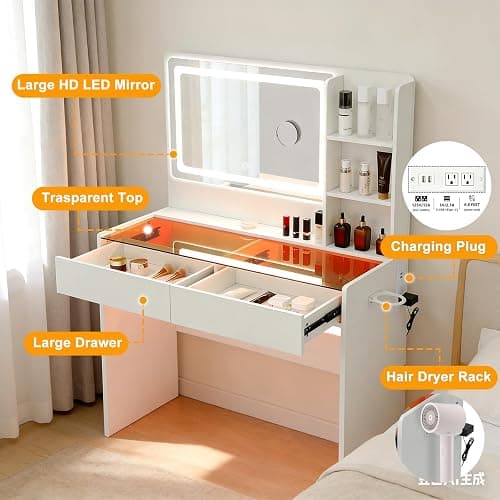 Cielozen Vanity Desk,Makeup Vanity Desk with Mirror and Lights,Transparent Top with LED Multiple Color Lights,Mirror 3 Color Modes 2 Drawers,Power Outlet,Dressing Table for Girls Bedroom,White thumbnail 3