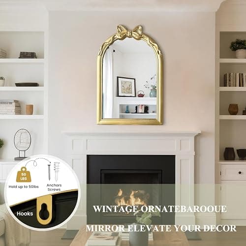 iyabat 36x24 Arched Gold Bow Wall Mirror, Vintage Vanity Mirror for Bathroom & Bedroom Decor, Antique French Style Engineered Wood Frame with Ribbon Knot, Cute Coquette Aesthetic thumbnail 6
