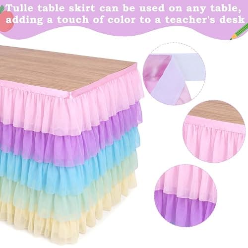 Tioncy 6 Ft X 30 in Pastel Ruffled Teacher Desk Skirt | Tulle Table Skirt, Rectangle, for Back to School First Day of School Classroom Office and Boho Birthday Party Decoration thumbnail 3
