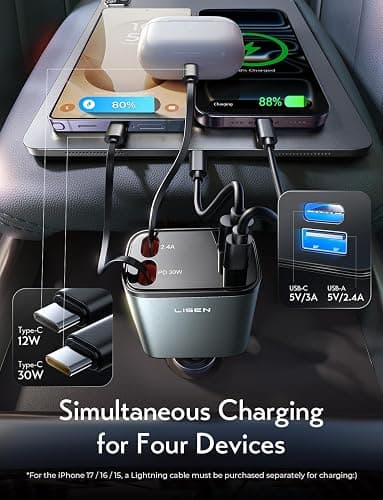 LISEN 【Upgraded Dual Type-C 】 Retractable Car Charger 4 in 1, 69W Fast Car Charger USBC Cargador para Carro for iPhone 17 Pro Max Air, Retractable Charger for Car fit iPhone 16 15 Pro Air, Black thumbnail 5