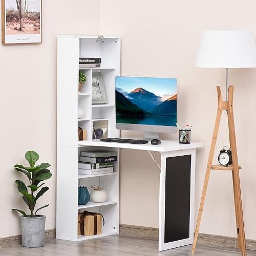 Zentrava Foldable Wall Mounted Desk with Storage Shelves, Fold Out Convertible Computer Table with Blackboard, Folding Writing Table Workstation for Small Spaces,Home Office (White) - Image 1