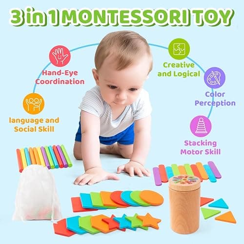 Montessori Wooden Toddler Toys， 3-in-1 Fine Motor Skills Learning Set ，Educational Color Sorting Sensory Toys for 3+ Year ， Teaches Object Permanence & Cause-Effect ，Gifts for Boys & Girls thumbnail 5