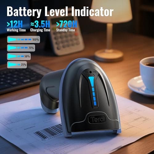 Tera Barcode Scanner with Battery Indicator: 2D Wireless, D5100, Blue | Li-Polymer 2200mAh, USB Wired, 2.4G Wireless, 1D 2D QR Reader, 640*480 CMOS, IP54, Retail Checkout, Warehouse, School Library thumbnail 2