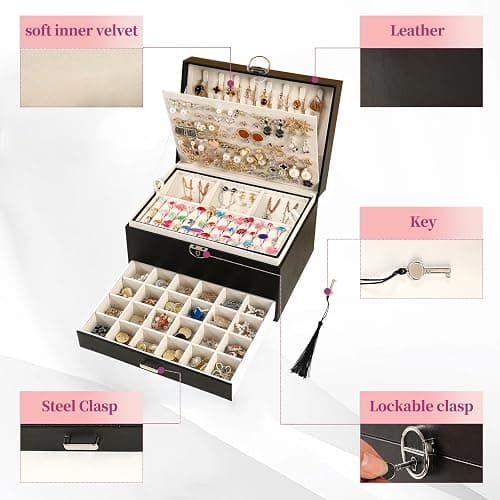 BOOVO Earring Jewelry Box For Women Girl Stud Organizer, 5 Layers Girl Jewelry Organizer Box With Lock Earring Holder Organizer Necklace Ring Jewelry Organizer Box For Girls (Black) thumbnail 5