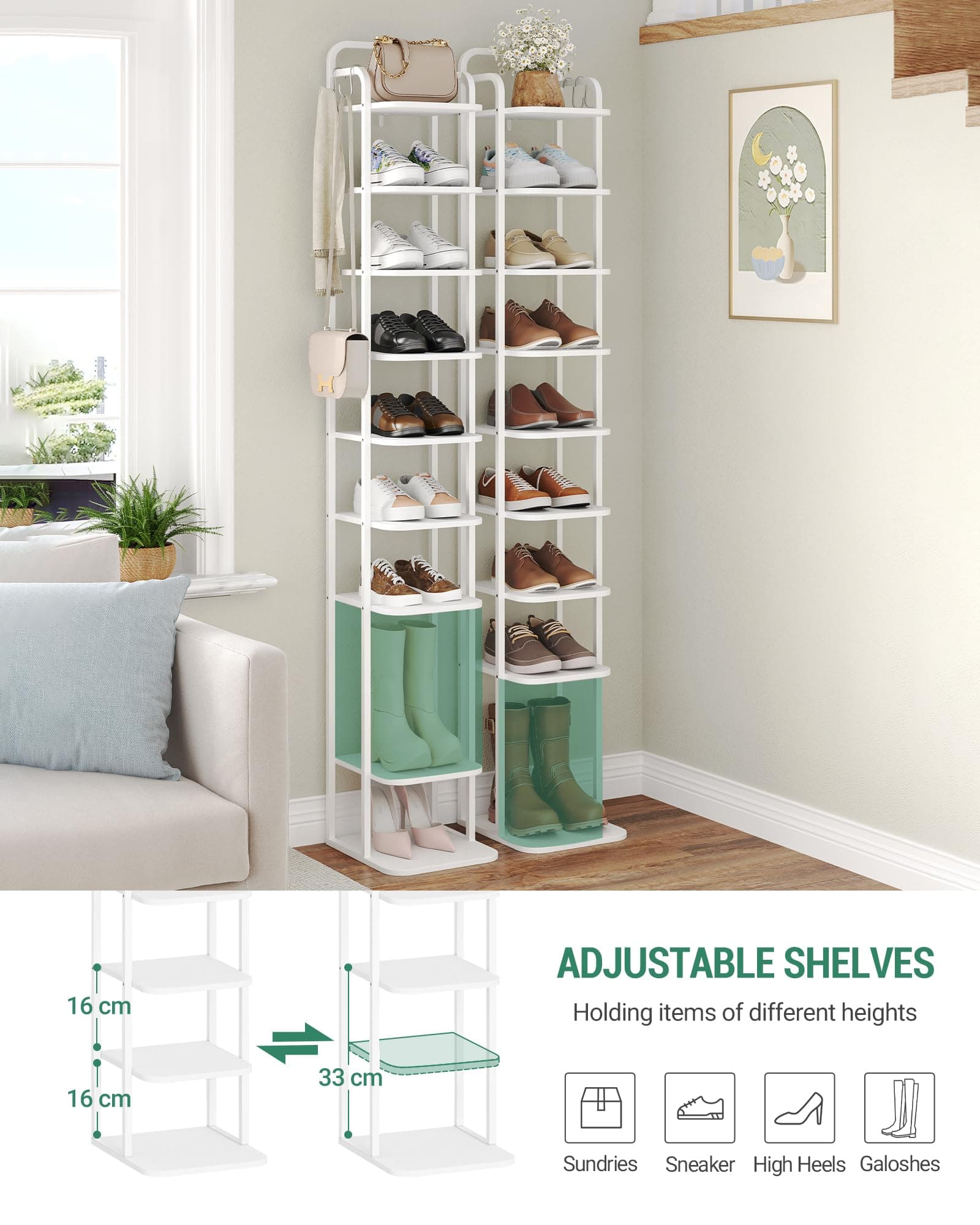 Hzuaneri Vertical Shoe Rack, Shoe Shelves, Wood Shoe Organizer for Closet, Entryway, Shoe Tower for Small Spaces, Free Standing, Adjustable, with 2 Hooks,10 Tiers White SR11213W thumbnail 4