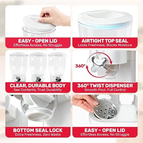 Adorabby Triple Cereal Dispenser Countertop 2L, Airtight Cereal Containers Storage, Large Capacity Total 6L for Kitchen Pantry, Rotating Dry Food Dispenser for Candy, Nut, Coffee Beans, White thumbnail 5