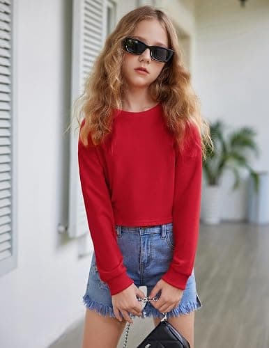 Arshiner Girls Crop Tops Kids Long Sleeve Pullover Sweatshirts Girls Cropped Crewneck Sweatshirt for 5-14 Years Teen Girl thumbnail 3