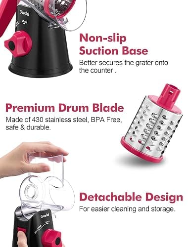 Geedel Rotary Cheese Grater, Kitchen Mandoline Vegetable Slicer with 3 Interchangeable Blades, Easy to Clean Rotary Grater Slicer for Fruit, Vegetables, Nuts thumbnail 8