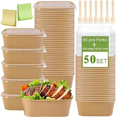 50-Pack 22oz Kraft Paper Bowls Disposable with Lids and Wooden Forks, Disposable Meal Prep Containers Paper Food Prep Containers with Lids, To Go Container for Hot Soup/Salad, Freezer & Microwave Safe - Image 1