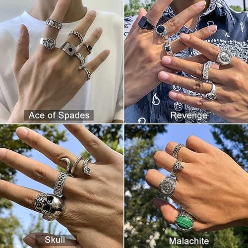 KISS WIFE Halloween Vintage Silver Punk Rings Set for Men, Cool Gothic Chunky Rings Bulk, Skull Snake Spade Ace Malachite Stackable Hippie Knuckle Rings Pack, Trendy Men's Jewelry Gift for Him thumbnail 5